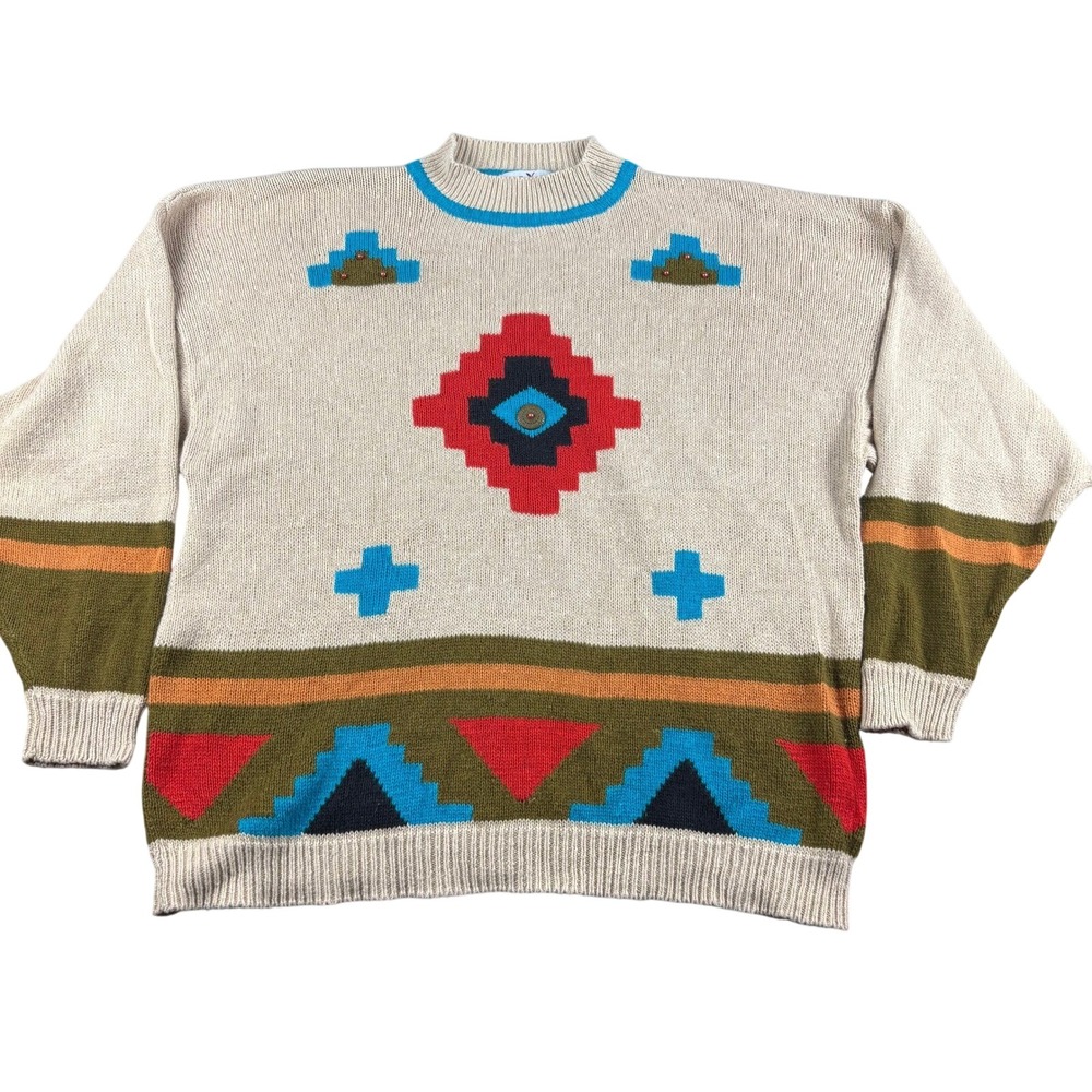 Vintage Eve Ltd Southwestern Geometric Knit Sweater Cream Plus Size 24W